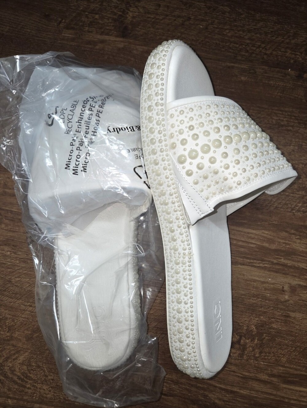 Pearl-Embellished White Slide Sandals - Women - INC Womens Rayley 2 Embellished